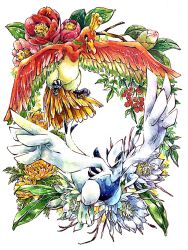  berry black_eyes camellia flower flower_request full_body gaku_poopo highres ho-oh lugia no_humans open_mouth painting_(medium) pokemon pokemon_(creature) red_flower simple_background traditional_media watercolor_(medium) white_background white_flower yellow_flower 