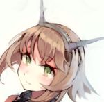  1girl bare_shoulders blush brown_hair bust face green_eyes hashigo headgear kantai_collection light_smile looking_at_viewer lowres mutsu_(kantai_collection) short_hair simple_background solo white_background 