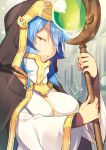  1girl blue_hair breasts character_request closed_eyes highres hood itsuwa_(lethal-kemomimi) sennen_sensou_aigis short_hair solo staff 