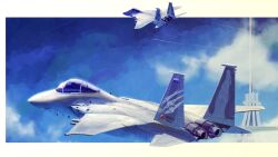  ace_combat ace_combat_7 aircraft airplane blue_sky border clouds commentary count_(ace_combat_7) english_commentary f-15_eagle fighter_jet flying haonfest highres irregular_border lighthouse_(ace_combat) military military_vehicle no_humans osean_flag science_fiction sin_lines sky space_elevator trigger_(ace_combat) vehicle_focus white_border 
