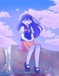  1girl black_shoes blush bright_pupils clouds collared_shirt colored_skin commentary donuqx double-parted_bangs english_commentary hair_between_eyes long_hair looking_at_viewer mari_(headspace)_(omori) mari_(omori) neckerchief omori open_mouth outdoors photo-referenced pleated_skirt purple_hair purple_sweater_vest red_neckerchief red_skirt shirt shoes short_sleeves sitting skirt sky smile solo star_(sky) starry_sky sweater_vest teeth tumblr_username upper_teeth_only violet_eyes white_pupils white_shirt white_skin 
