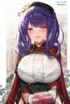  1girl artist_name azur_lane beret black_headwear box bra_through_clothes breasts covered_navel gift gift_box gloves hat highres holding huge_breasts hwansang_jungdog incoming_gift long_hair looking_at_viewer pola_(azur_lane) purple_hair red_eyes smile solo twintails twitter_username upper_body white_gloves 