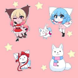  2girls :3 ;3 animal_ear_fluff animal_ears belt black_belt black_boots black_mittens blonde_hair blue_eyes blue_hair blue_scarf blush blush_stickers boots brown_fur capelet chibi chibi_only christmas closed_mouth coat commentary dot_nose double-parted_bangs dress english_commentary eyelashes fluffy_tail fox_ears fox_girl fox_tail full_body fur-trimmed_boots fur-trimmed_capelet fur-trimmed_dress fur_trim furry furry_female gradient_hair hand_on_own_face high_heel_boots high_heels highres holding holding_snowball indie_virtual_youtuber leg_up long_hair looking_at_viewer luna_(wolfychu) mittens multicolored_hair multicolored_scarf multiple_girls multiple_tails notice_lines one_eye_closed open_mouth original outline pink_background pink_coat pink_eyes pink_hair pink_mittens pink_scarf red_capelet red_dress red_ribbon ribbon santa_costume santa_dress scarf short_hair simple_background smile snowball snowman star_(symbol) star_symbol_background surprised tail tan thick_eyelashes two-tone_hair two-tone_scarf two_tails v-shaped_eyebrows very_long_hair virtual_youtuber white_fur white_outline white_tail wide-eyed wolf wolf_ears wolf_girl wolf_tail wolfychu wolfychu_(artist) 
