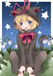  1girl animal_costume blonde_hair bow_(weapon) cat_costume costume flower hair_ribbon hammer_(sunset_beach) lily_of_the_valley looking_at_viewer medicine_melancholy open_mouth ribbon short_hair solo star touhou 