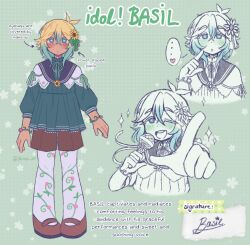  ... 1boy alt_text alternate_costume alternate_eye_color alternate_hair_color alternate_skin_color alternate_universe antenna_hair arrow_(symbol) basil_(faraway)_(omori) basil_(omori) blonde_hair bracelet bright_pupils brown_shoes brown_shorts character_name commentary dark-skinned_male dark_skin donuqx english_commentary english_text flower flower-shaped_pupils flower_bracelet gradient_hair green_eyes green_hair hair_flower hair_ornament heart holding holding_microphone index_finger_raised jewelry long_sleeves looking_at_viewer male_focus microphone multicolored_hair omori one_eye_closed open_mouth pantyhose parted_lips reference_sheet shoes short_hair short_sleeves shorts sidelocks solo speech_bubble spoken_ellipsis spoken_heart symbol-shaped_pupils tumblr_username two-tone_hair white_pantyhose white_pupils 