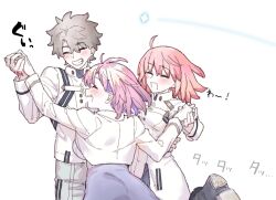  1boy 2girls ahoge black_gloves chaldea_logo closed_eyes colored_inner_hair command_spell commentary_request fate/grand_order fate_(series) fujimaru_ritsuka_(female) fujimaru_ritsuka_(female)_(decisive_battle_chaldea_uniform) fujimaru_ritsuka_(male) fujimaru_ritsuka_(male)_(decisive_battle_chaldea_uniform) gloves highres jacket long_sleeves mash_kyrielight mash_kyrielight_(chaldea_uniform) medium_hair mitsurugi_sugar multicolored_hair multiple_girls open_mouth orange_hair pink_hair purple_hair short_hair smile white_jacket 