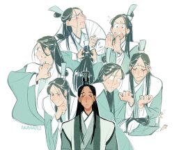  1boy alt_text angry black_hair chinese_clothes closed_eyes commentary crying curly_eyebrows despair english_commentary exhausted expressionless flying_sweatdrops folding_fan frustrated green_hanfu hair_ornament hand_fan hands_in_own_hair hanfu hawberries layered_clothes long_hair male_focus multiple_expressions multiple_views renzha_fanpai_zijiu_xitong scared shen_qingqiu shouting signature simple_background streaming_tears sweatdrop tears upper_body white_background wide-eyed wide_sleeves xiao_guan_(headdress) 
