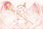  1girl ;) angel_wings butterfly fingerless_gloves gloves hair_ornament highres holding looking_at_viewer marumoru navel one_eye_closed original pink_hair short_hair smile solo staff white_gloves wings yellow_eyes 