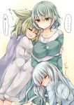  ... 3girls alternate_costume alternate_hairstyle brown_hair casual closed_eyes green_eyes green_hair highres hug long_hair mimoto_(aszxdfcv) mononobe_no_futo multiple_girls pajamas short_hair silver_hair sleeping_on_person soga_no_tojiko touhou toyosatomimi_no_miko translation_request 