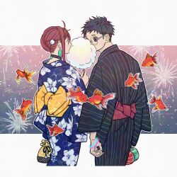  1boy 1girl aerial_fireworks alternate_costume ayase_momo black_choker black_hair black_kimono blue_kimono bracelet brown_eyes brown_hair choker commentary_request cotton_candy dandadan earrings eating feet_out_of_frame fireworks fish floral_print floral_print_kimono food from_behind glasses goldfish hair_ornament hair_up holding holding_cotton_candy holding_food japanese_clothes jewelry k_ysd001 kimono looking_at_another outdoors print_kimono red_sash round_eyewear sash shared_food short_hair single_sidelock summer_festival takakura_ken_(dandadan) twitter_username water_balloon yellow_sash yukata 