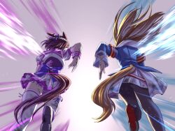  2girls animal_ears armband black_pantyhose blue_jacket bow braid brown_hair commentary_request dress from_behind grass_wonder_(stone-piercing_blue)_(umamusume) grass_wonder_(umamusume) half_up_braid horse_ears horse_girl horse_tail jacket long_hair long_sleeves multicolored_hair multiple_girls pantyhose peeta purple_sailor_collar purple_vest red_armband running sailor_collar shirt short_hair short_sleeves skirt special_week_(special_dreamer)_(umamusume) special_week_(umamusume) tail textless_version thigh-highs two-tone_hair umamusume vest white_dress white_hair white_sailor_collar white_shirt white_skirt white_thighhighs 