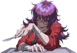  1girl against_table arm_rest bandaged_wrist bandages black-framed_eyewear black_necktie borrowed_character breasts commission elbow_rest evil_grin evil_smile glasses grin hand_up highres holding holding_knife knife large_breasts messy_hair nail_polish necktie neri_neri_da original overlighting purple_hair purple_nails red_shirt semi-rimless_eyewear shirt simple_background sitting skeb_commission sleeves_pushed_up smile solo swept_bangs table three-quarter_sleeves under-rim_eyewear upper_body white_background 