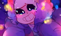  1boy 2015 2d blue_jacket clouds commentary cropped crying digital_media english_commentary fur-trimmed_jacket fur_trim hollow_eyes hood hood_down hooded_jacket humanoid jacket male male_focus male_only monster monster_boy night night_sky open_clothes open_jacket pink_fur sans_(undertale) shirt skeleton sky solo tears teeth ttoba undead undertale upper_body utdr_(toby_fox) white_shirt 