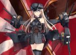  1girl akasaai bare_shoulders bismarck_(kantai_collection) blonde_hair blue_eyes blush breasts detached_sleeves flag gloves grey_legwear hat kantai_collection large_breasts long_hair looking_at_viewer military military_hat military_uniform peaked_cap putting_on_gloves smile solo thigh-highs uniform 
