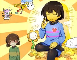  2016 2boys 2d 2others =_= ambiguous_gender ankle_boots annoying_dog artist_name black_pants blue_jacket blue_shirt blue_shorts boots brown_boots brown_hair brown_shorts chara_(undertale) child digital_media double_horizontal_stripe flower flowey_(undertale) frisk_(undertale) glowing glowing_heart green_shirt grey_hood halftone heart holding holding_instrument hollow_eyes hood hood_down hooded_jacket horizontal-striped_clothes human humanoid instrument jacket male monster monster_boy multiple_boys multiple_others musical_note open_clothes open_jacket orange_background other_focus pants pantyhose pantyhose_under_shorts pink_stripes plant powaro02 sans_(undertale) shirt short_hair shorts simple_background single_horizontal_stripe skeleton smile striped_clothes striped_shirt teeth trombone twitter_username two-tone_background two-tone_shirt undead undertale utdr_(toby_fox) whimsalot white_shirt yellow_background yellow_flower yellow_stripes 