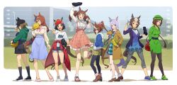  6+girls animal_ears aqua_bow ball bandaid bandaid_on_cheek bandaid_on_face baseball baseball_(object) baseball_mitt beanie black_hair black_pantyhose black_shorts black_socks blue_dress blue_eyes blue_jacket blue_skirt blush bow bowler_hat bowtie braid breasts brown_coat brown_hair buttons casual cheval_grand_(casual)_(umamusume) cheval_grand_(umamusume) closed_mouth clothes_around_waist coat double-breasted dress ear_bow ears_through_headwear frilled_shirt frilled_socks frills green_eyes green_hat green_hoodie hair_between_eyes hat hayakawa_tazuna high_ponytail highres hishi_akebono_(casual)_(umamusume) hishi_akebono_(umamusume) hood hood_down hoodie horse_ears horse_girl horse_tail jacket large_breasts long_hair long_sleeves looking_at_viewer mejiro_mcqueen_(umamusume) mejiro_ryan_(casual)_(umamusume) mejiro_ryan_(umamusume) multicolored_hair multiple_girls necktie nishiki_kazue open_clothes open_coat open_jacket open_mouth pants pantyhose pink_bow pink_bowtie pink_hair plaid_clothes ponytail purple_hair red_eyes red_hat red_jacket shirt shoes short_hair short_sleeves shorts skirt smile socks split_ponytail streaked_hair super_creek_(casual)_(umamusume) super_creek_(umamusume) suspender_skirt suspenders tail tokai_teio_(umamusume) twintails two-tone_hair umamusume v very_long_hair violet_eyes white_hair white_hoodie white_shirt white_streaks winning_ticket_(casual)_(umamusume) winning_ticket_(umamusume) yellow_necktie 