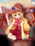  1girl beryl_benito blonde_hair blue_eyes bow brooch gem hat highres jewelry long_hair paintbrush ribbon ryuuno6 shorts sitting solo tales_of_(series) tales_of_hearts witch_hat 