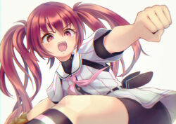  1girl agatsuma_sora baseball_mitt baseball_uniform belt belt_pouch bike_shorts bike_shorts_under_skirt black_belt black_shorts cinderella_series clenched_hand hachigatsu_no_cinderella_nine hair_between_eyes highres kneehighs long_hair neckerchief open_mouth pink_neckerchief pouch red_eyes red_hair satogahama_baseball_uniform shirt shorts socks solo sportswear striped_clothes striped_shirt teeth twintails upper_teeth_only vertical-striped_clothes vertical-striped_shirt white_background yupi828 