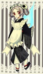 1girl alternate_costume alternate_hairstyle apron bloody_marie_(skullgirls) braid braided_hair_rings commentary_request frilled_apron frilled_sleeves frills full_body grey_hair hair_ornament hair_rings haruki_sparsa highres japanese_clothes kimono looking_at_viewer okobo platform_sandals red_eyes sandals skull_hair_ornament skullgirls solo striped_background tabi twin_braids wide_sleeves 