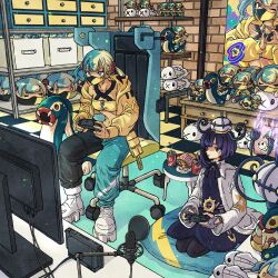  2girls aqua_hair aqua_pants bad_id bad_twitter_id bag_of_chips bandeau belt black_dress black_hair black_pants black_pantyhose blonde_hair blue_nails blunt_bangs bob_cut brick_wall can canari_(pokemon) canari_plush_(pokemon) chair chandelure character_doll chips_(food) closed_mouth coat commentary_request controller cropped_jacket cushion dark-skinned_female dark_skin doll dress drink_can drinking_straw eelektross food full_body game_controller gloves gwynn_(pokemon) hat highres holding holding_controller holding_game_controller indoors jacket long_sleeves mask microphone mouth_mask multicolored_hair multicolored_nails multiple_girls navel nintendo_switch_2 o-ring o-ring_belt on_chair on_cushion open_clothes open_coat open_jacket pants pantyhose partially_fingerless_gloves pokemon pokemon_(creature) pokemon_legends:_z-a poster_(object) potato_chips purple_gloves purple_hair seiza shoes short_hair sitting soda_can split-color_clothes split-color_hair table toriga twintails two-tone_nails tynamo violet_eyes white_coat white_shoes yellow_bandeau yellow_nails 