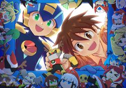  2boys aile_(mega_man_zx) ayla_kazemi bass_(mega_man) blue_bodysuit blue_helmet blush_stickers bodysuit brothers brown_eyes brown_hair commentary dr._wily_(mega_man) english_commentary eugene_chaud_(mega_man) fairy_leviathan_(mega_man) geo_stelar_(mega_man) green_eyes gutsman.exe helmet highres holding holding_toy lan_hikari_(mega_man) luna_platz_(mega_man) male_focus marino_(mega_man) mayl_sakurai_(mega_man) mega_man_(series) mega_man_battle_network_(series) mega_man_legends_(series) mega_man_star_force_(series) mega_man_x:_command_mission mega_man_x_(series) mega_man_x_dive mega_man_zero_(series) mega_man_zx mega_man_zx_advent megaman.exe multiple_boys netnavi official_alternate_costume protoman.exe rico_(mega_man) roll_(mega_man) servbot_(mega_man) short_hair siblings sigma_(mega_man) star_force_mega_man toy twins zero_(mega_man) 