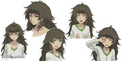 1girl ahoge blunt_bangs brown_hair collarbone commentary_request cropped_torso dress green_eyes happy highres hiyajou_maho holding jacket lab_coat lapels long_hair looking_at_viewer menomorute messy_hair multiple_expressions multiple_views notched_lapels open_mouth science_adventure simple_background smile smirk solo steins;gate steins;gate_0 tears teeth tongue upper_body upper_teeth_only very_long_hair waking_up white_background white_dress 