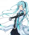  1girl :p black_gloves blue_eyes blue_hair elbow_gloves fingerless_gloves gloves hatsune_miku headphones holding long_hair looking_at_viewer marumoru microphone necktie pleated_skirt skirt solo tongue tongue_out twintails vocaloid 