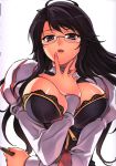  1girl absurdres between_breasts black_hair breasts bursting_breasts finger_to_face freezing glasses highres kim_kwang_hyun lace large_breasts long_hair looking_at_viewer parted_lips simple_background solo sweat violet_eyes white_background zipper 