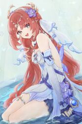  1girl aqua_eyes artist_name bare_shoulders circlet commentary detached_sleeves dress flower genshin_impact hair_flower hair_ornament highres hydro_symbol_(genshin_impact) long_hair long_sleeves looking_at_viewer nilou_(breeze_of_sabaa)_(genshin_impact) nilou_(genshin_impact) official_alternate_costume open_mouth purple_flower red_hair sitting smile solo suwa_(swk_kkk) very_long_hair vision_(genshin_impact) watermark yokozuwari 