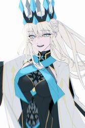  1girl backlightshue blue_eyes blue_lips braid crown fate/grand_order fate_(series) hair_between_eyes half_up_braid long_hair looking_at_viewer morgan_le_fay_(fate) morgan_le_fay_(queen_of_winter)_(fate) ponytail simple_background smile solo spikes very_long_hair white_background white_hair 