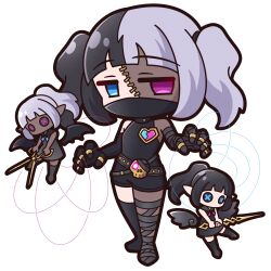  1girl absurdres bandaged_arm bandaged_leg bandages bare_shoulders black_boots black_gloves black_hair blue_eyes boots broken_heart button_eyes buttons chibi commentary_request doll elbow_gloves full_body gloves glowing glowing_eye grey_hair heart heterochromia highres holding holding_scissors looking_at_viewer marionette mask mouth_mask multicolored_hair original patchwork_skin puppet saishosaisekojo scissors single_glove single_thigh_boot skull standing stitches thigh_boots twintails two-tone_hair violet_eyes 