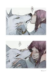  1girl ? animal cheza grin kiba kiss kissing_animal konveekou licking licking_another's_face pointy_ears purple_hair short_hair smile speech_bubble spoken_question_mark tumblr_username white_wolf wolf wolf's_rain yellow_eyes 