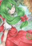  1girl bow dress frills front_ponytail green_eyes green_hair hair_bow hair_ribbon kagiyama_hina long_hair marker_(medium) open_mouth ponpoko ribbon solo touhou traditional_media 