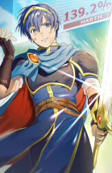  1boy armor blue_eyes blue_hair character_name commentary_request fire_emblem fire_emblem:_mystery_of_the_emblem glint highres holding holding_sword holding_weapon male_focus marth_(fire_emblem) mimummom parted_lips scratches short_hair solo super_smash_bros. sword tiara weapon 