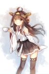  1girl :3 absurdres ahoge akayan arm_behind_back bare_shoulders black_skirt brown_eyes brown_hair cowboy_shot cup detached_sleeves double_bun frilled_skirt frills hairband headgear highres japanese_clothes kantai_collection kongou_(kantai_collection) lace lace-trimmed_thighhighs looking_at_viewer nontraditional_miko pleated_skirt ribbon-trimmed_sleeves ribbon_trim simple_background skirt solo teacup thigh-highs white_background 