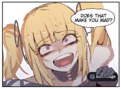  1girl ani_(xai) at2. black_dress black_gloves black_ribbon blonde_hair breasts commentary dress english_commentary english_text evil_smile gloves hair_ribbon highres large_breasts leaning_forward long_hair merryweather open_mouth ribbon simple_background smile solo speech_bubble teeth tongue twintails twitter twitter's_edit_image_button violet_eyes 