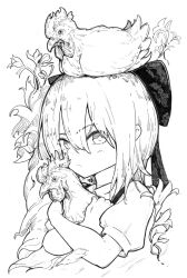  1girl absurdres animal animal_hug bird bow chicken cirno collared_shirt flower greyscale hair_bow highres looking_at_viewer monochrome rooster sashimi_oniku shirt short_sleeves simple_background touhou 