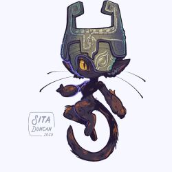  1girl :3 absurdres colored_sclera commentary english_commentary floating full_body furrification furry furry_female helmet helmet_over_one_eye highres looking_at_viewer midna signature simple_background sitaart solo the_legend_of_zelda the_legend_of_zelda:_twilight_princess whiskers yellow_sclera 
