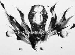  1other absurdres character_name english_text highres ink inksac jojo_no_kimyou_na_bouken looking_at_viewer mixed-language_commentary monochrome no_humans no_mouth no_pupils november_rain_(stand) simple_background solo stand_(jojo) the_jojolands white_background 