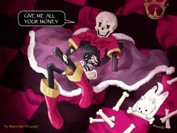  1boy 2016 2d animal annoying_dog artist_name black_bodystocking bodystocking boots cloak crown digital_media dog duo fur-trimmed_cloak fur_trim gloves half-closed_eyes humanoid knees_up lying male male_focus male_only monster monster_boy on_back own_hands_together papyrus_(undertale) parody powaro02 red_boots red_cloak red_gloves skeleton smug solid_circle_eyes solid_eyes teeth torn_bodystocking torn_clothes twitter_username undead undertale unworn_crown utdr_(toby_fox) white_dog world_is_mine_(vocaloid) 
