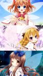  3girls :d ;) ascot blonde_hair blue_eyes blush bow brown_eyes brown_hair cherry_blossoms drill_hair fairy_wings fang hair_bow hair_ribbon hat highres looking_at_viewer luna_child multiple_girls natsuki_yuu_(amemizu) one_eye_closed open_mouth petals reaching ribbon smile star_sapphire sunny_milk touhou two_side_up violet_eyes wings 