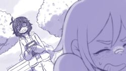  1boy 1girl antenna_hair bandaid bandaid_on_face bandaid_on_nose bench blurry blurry_foreground closed_eyes collarbone commentary_request donuqx double-parted_bangs english_commentary freckles glasses hair_between_eyes holding holding_sketchbook hood hooded_jacket jacket kel_(faraway)_(omori) kel_(omori) long_sleeves looking_at_another medium_hair mincy_(omori) o_o omori open_clothes open_jacket outdoors pants shirt short_hair sketchbook sweat sweatdrop t-shirt tearing_up teeth tree tumblr_username 