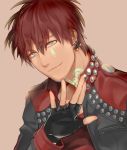  1boy close-up dramatical_murder earrings fingerless_gloves gloves jacket jewelry male mizuki_(dramatical_murder) redhead sagua_(artist) smile solo tattoo 