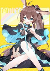  1girl :d absurdres ahoge alternate_costume amiya_(arknights) animal_ears ankle_cuffs aqua_dress arknights bare_shoulders black_dress blue_eyes blue_nails brown_hair character_name choshanland_plushy_(arknights) chromatic_aberration detached_sleeves dress eta fingerless_gloves floral_print gloves hair_ornament hair_ribbon highres jewelry koi_dance looking_at_viewer multicolored_dress neck_ribbon open_mouth ponytail rabbit_ears ribbon ring rose_print single_fingerless_glove sitting smile solo stuffed_animal stuffed_rabbit stuffed_toy twitter_username yellow_background 