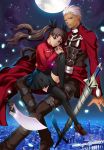  1boy 1girl archer balusah blue_eyes brown_eyes brown_hair dark_skin drill fate/stay_night fate_(series) flying full_moon moon night night_sky sky tohsaka_rin toosaka_rin twintails white_hair 