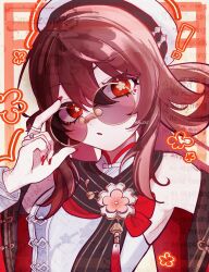  1girl ama_some_(kr0ri) brown_hair brown_scarf chinese_clothes commentary_request detached_sleeves dress flower flower-shaped_pupils genshin_impact hair_between_eyes hair_rings hat highres hu_tao_(cherries_snow-laden)_(genshin_impact) hu_tao_(genshin_impact) jewelry long_hair looking_at_viewer multiple_rings nail_polish official_alternate_costume open_mouth red-tinted_eyewear red_eyes red_nails ring round_eyewear scarf solo sunglasses symbol-shaped_pupils tassel tinted_eyewear upper_body white_dress white_hat yellow-framed_eyewear 