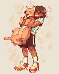  >_< 1boy :d alternate_costume animal artist_name bandaid bandaid_on_knee bandaid_on_leg black_shorts blush brown_hair closed_eyes commentary dark-skinned_male dark_skin dog english_commentary full_body grin hector_(omori) highres holding holding_animal holding_dog kel_(faraway)_(omori) kel_(omori) leg_hair male_focus omori open_mouth orange_shoes shirt shoes short_sleeves shorts smile sneakers socks solo t-shirt teeth watermark white_shirt white_socks xd zipsunz 