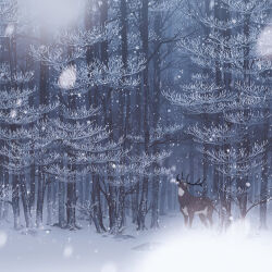  absurdres animal antlers bare_tree commentary deer deer_antlers english_commentary fog forest highres horns landscape lorenzo_lanfranconi nature no_humans open_mouth original painterly rock scenery snow snowing tree winter 