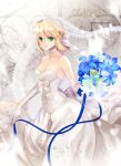  1girl ahoge astarone bare_shoulders blonde_hair bouquet breasts bustier character_name choker cleavage copyright_name dress elbow_gloves fate_(series) flower gloves green_eyes looking_at_viewer ribbon saber short_hair solo watermark web_address wedding_dress white_gloves 