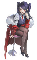  1girl absurdres armband badosan21 bar_chair between_fingers black_pantyhose black_shoes chair cigarette coat collared_shirt colored_pubic_hair commentary crossed_legs dress full_body fur-trimmed_coat fur-trimmed_jacket fur_trim hair_intakes hand_on_own_knee hashtag-only_commentary highres holding holding_cigarette jacket jacket_partially_removed jill_stingray leggings lobor long_sleeves looking_at_viewer necktie off_shoulder open_mouth pantyhose pinafore_dress pubic_hair puffy_sleeves purple_dress purple_hair red_coat red_eyes red_jacket red_necktie shirt shoes sidelocks simple_background sitting sleeveless sleeveless_dress smoke solo swept_bangs swivel_chair symbol-only_commentary twintails va-11_hall-a vest white_background white_shirt 
